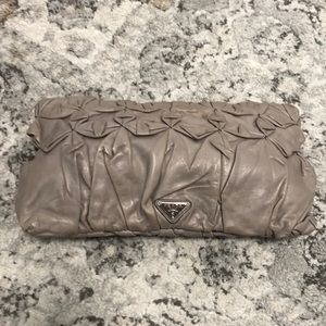 Prada Grey Leather Ruched Clutch Bag
